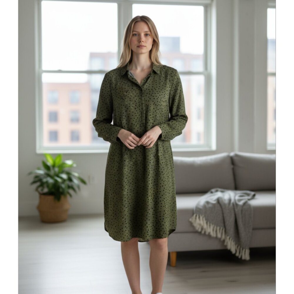 & OTHER STORIES Green Black Dot Long Sleeve Popover Shirt Dress Size 6